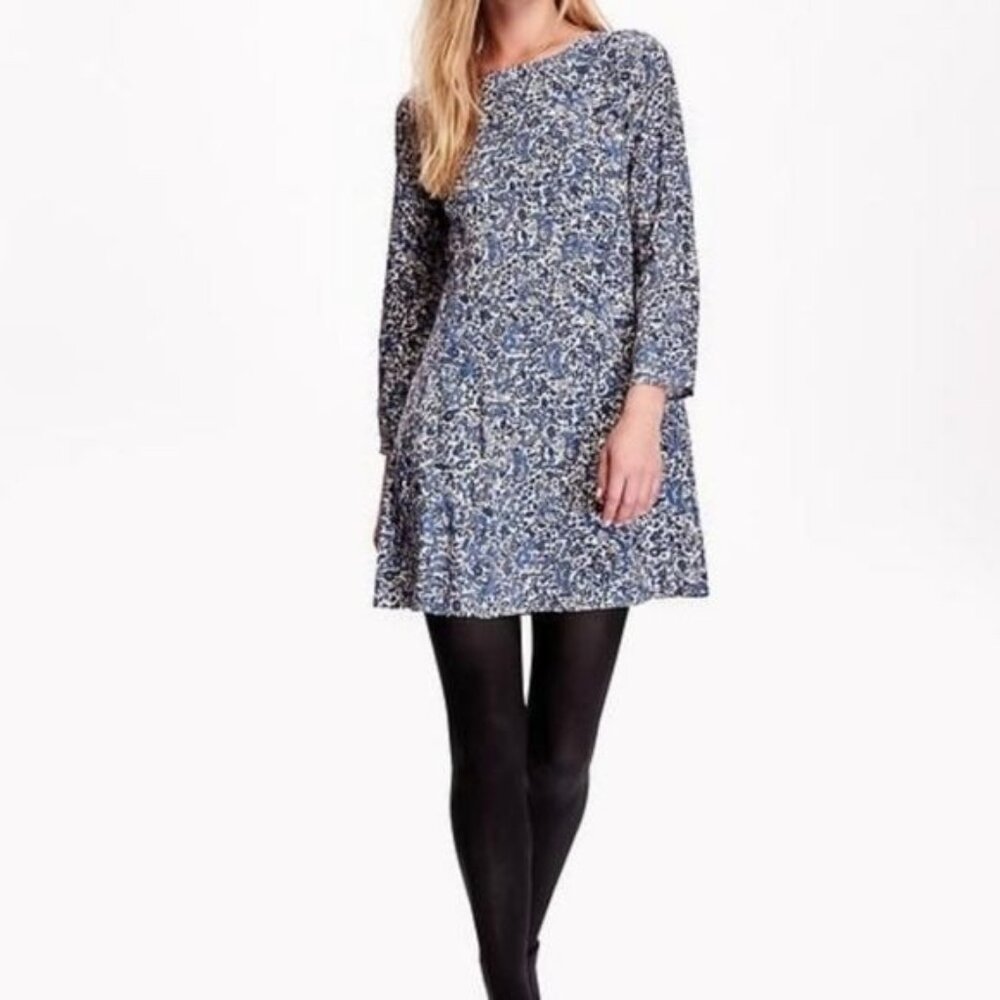 Old Navy Womens  Long Sleeve Woven Swing Dress Blue Paisley Cottage Flir…